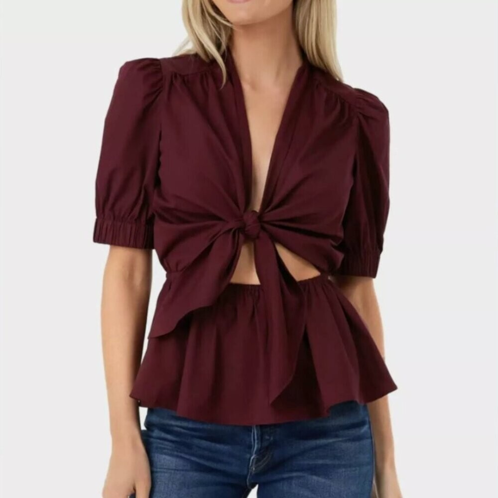 New HYACINTH HOUSE Burgundy Piper Tie Front Blouse Cutout Medium Tuckernuck